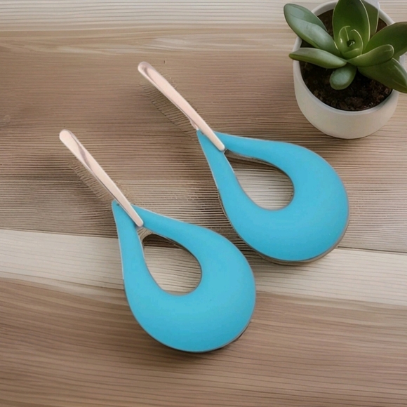 NWT Gold Bar 90s Inspired Cyan Blue Teardrop Large Gold Earrings - Picture 15 of 15